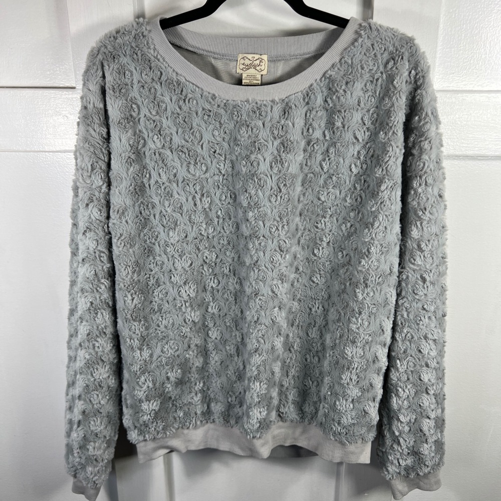 Eyelash Couture Grey Rosette Faux Fur Pullover Sweatshirt IJ6461RNKE IJ6461RNKE